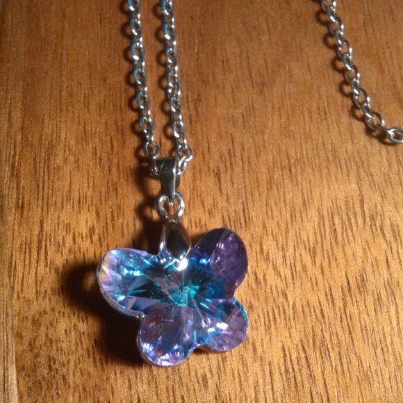 Mystic Color Crystal Brass Butterfly Pendant Stainless Steel Necklace - Picture 2 of 12